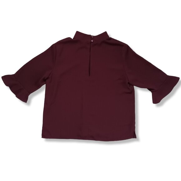 14th & Union Dressy Top Blouse Shirt Dark Red Bell Sleeve Mock Neck Boxy Size S - Picture 2 of 12